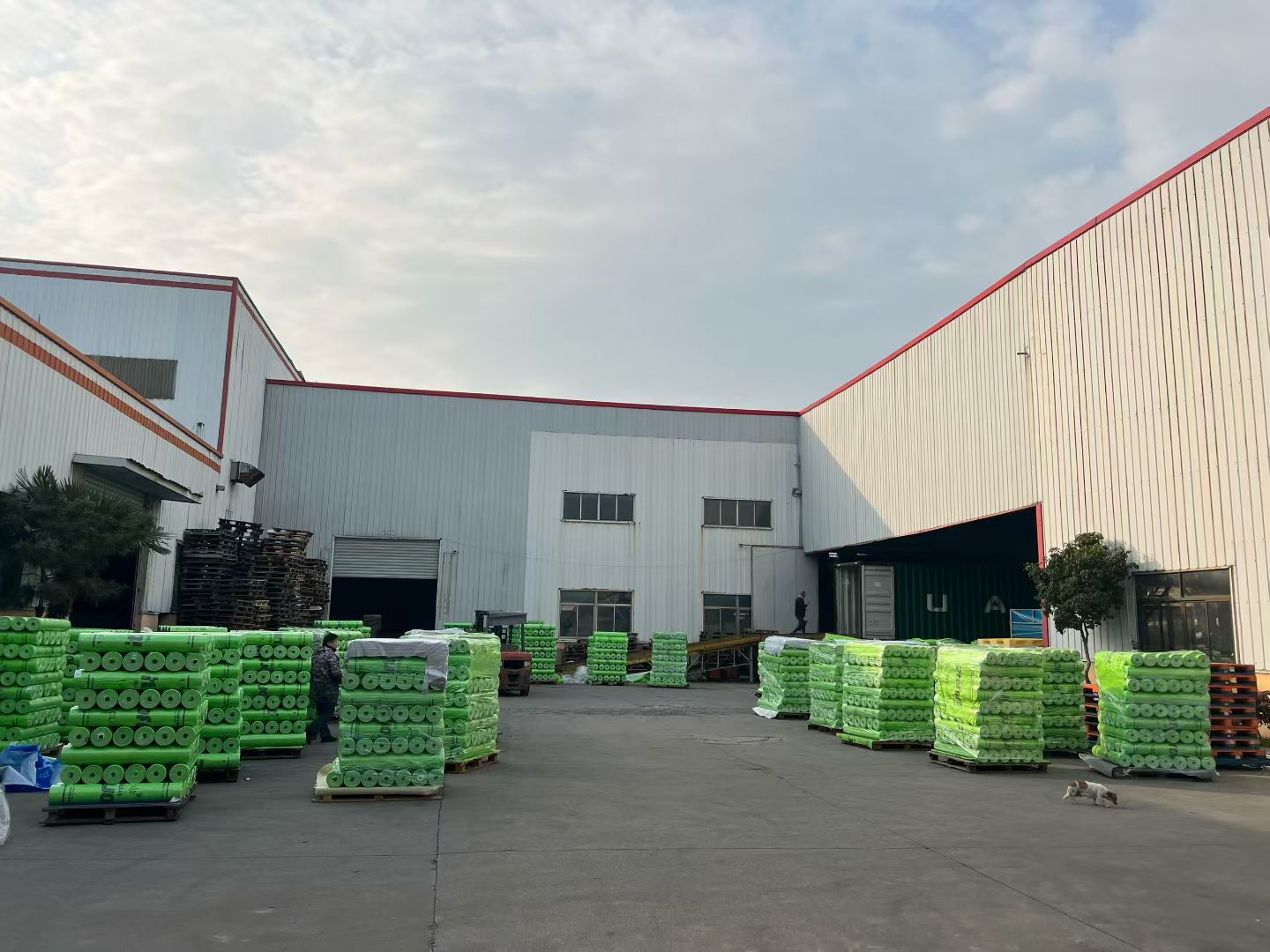 Factory exterior and roll-goods storage area